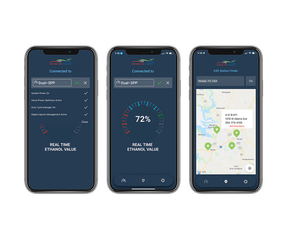 ProFlex Connect mobile app displaying live ethanol content and flex fuel system data