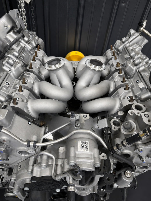 ModalWorks M177 equal-length manifolds installed in an AMG hot-vee engine