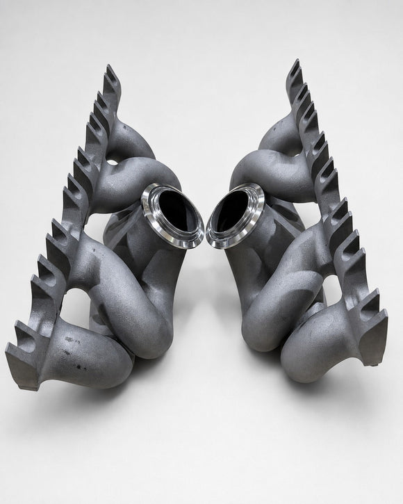 ModalWorks M177 3D-printed exhaust manifold pair with CNC turbo flanges