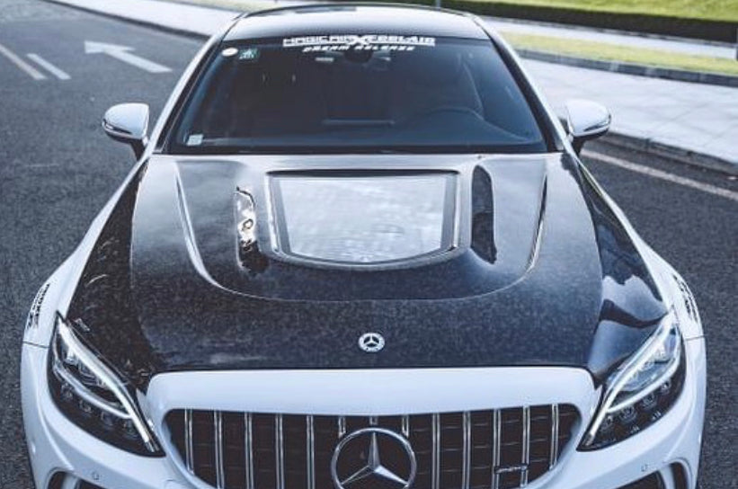 CMST Tuning Carbon Tempered Glass Transparent Hood For Mercedes Benz 2015-2020 W205 Sedan C300 C43 C Coupe 2 Door 4 Door Ver.2